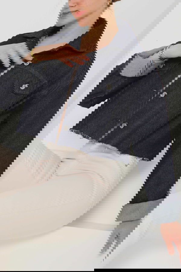 Kadın Çift Cepli Lazer Kesim Crop Kot Ceket - 26582
