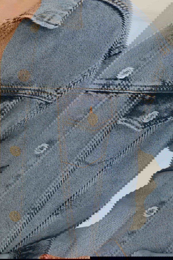 Kadın Çift Cepli Lazer Kesim Crop Kot Ceket Mavi - 26582