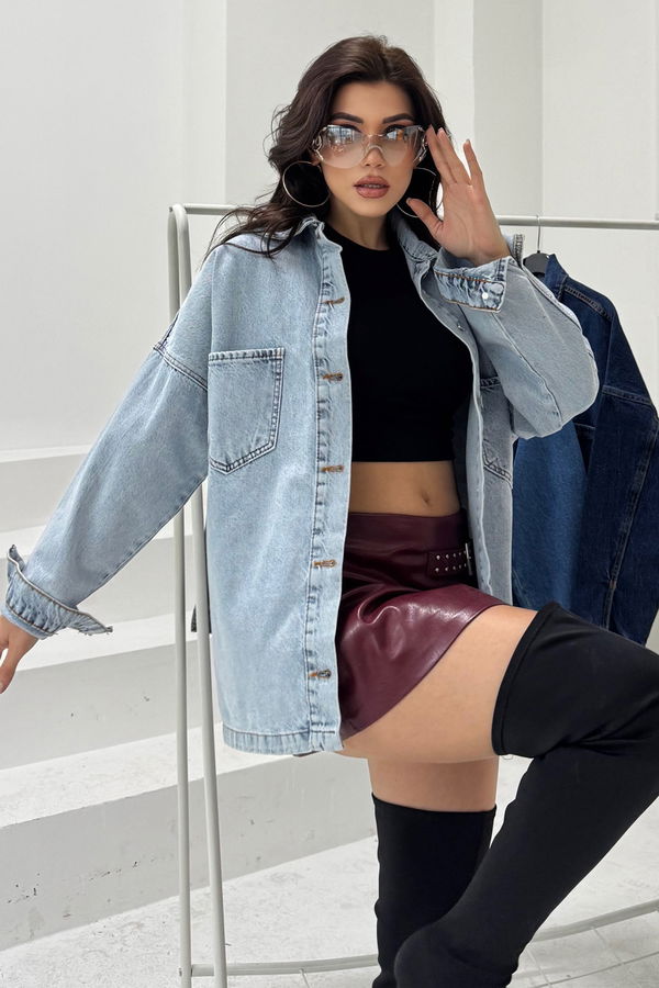 Kadın Gömlek Yaka Çift Cepli Jean Kot Ceket Acik Mavi - 26676