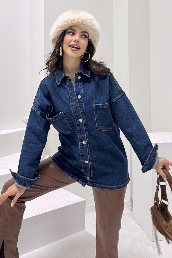 Kadın Gömlek Yaka Çift Cepli Jean Kot Ceket Koyu Mavi - 26676