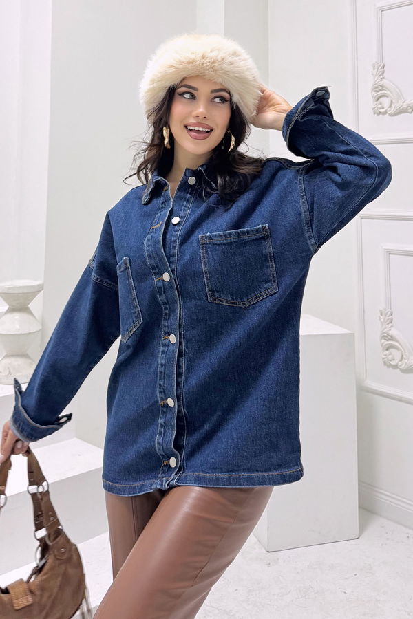 Kadın Gömlek Yaka Çift Cepli Jean Kot Ceket Koyu Mavi - 26676