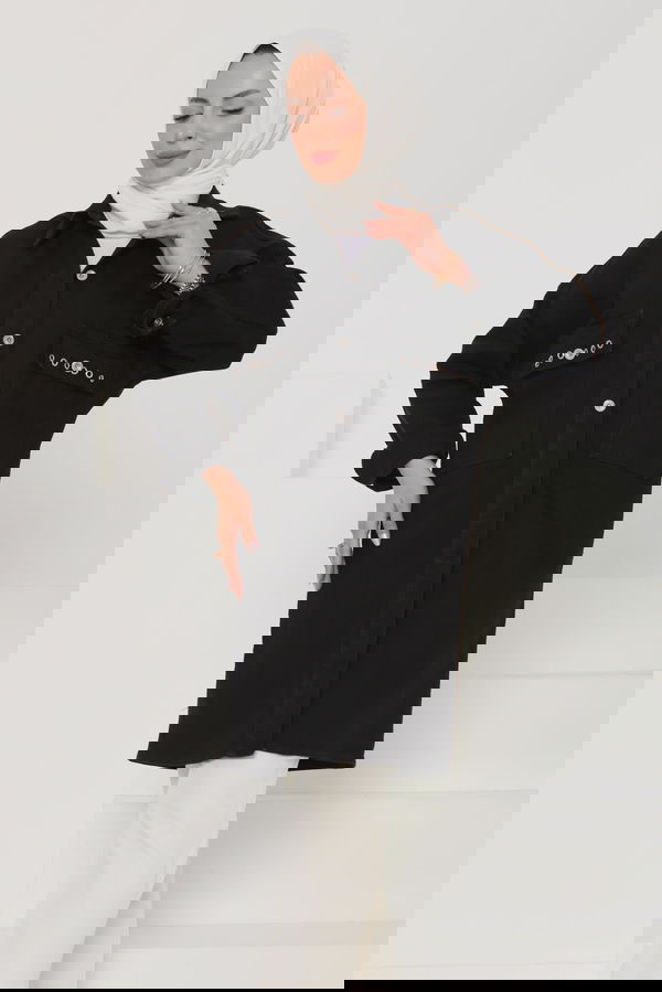 Kadın Oversize Kuş Gözü Cepli Kot Ceket Siyah - 26579