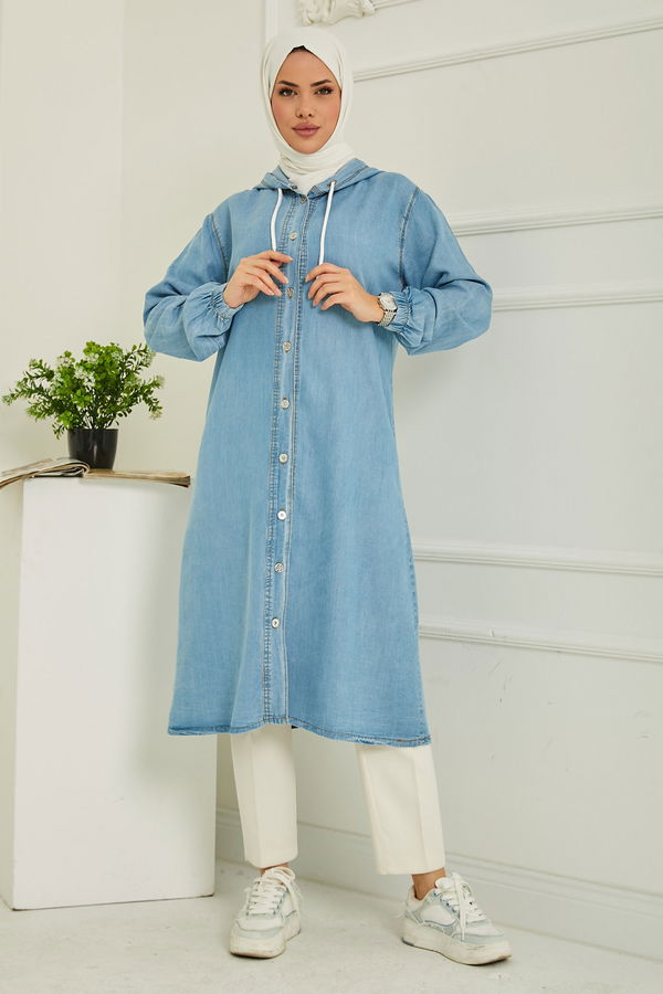 Kapüşonlu Düğmeli Denim Kap Acik Mavi - 26644