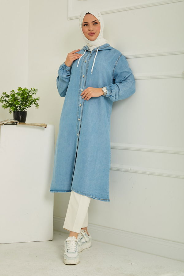 Kapüşonlu Düğmeli Denim Kap Acik Mavi - 26644