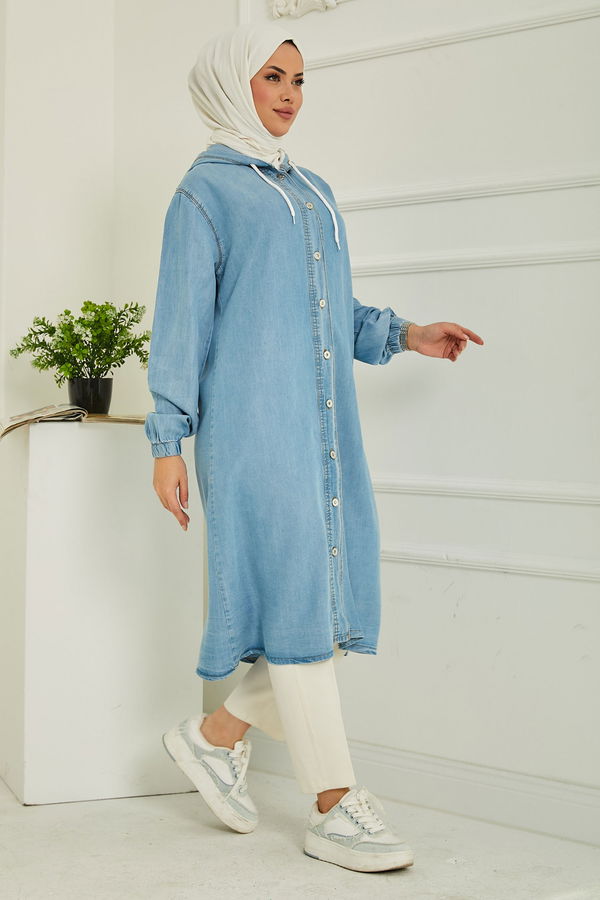 Kapüşonlu Düğmeli Denim Kap Acik Mavi - 26644