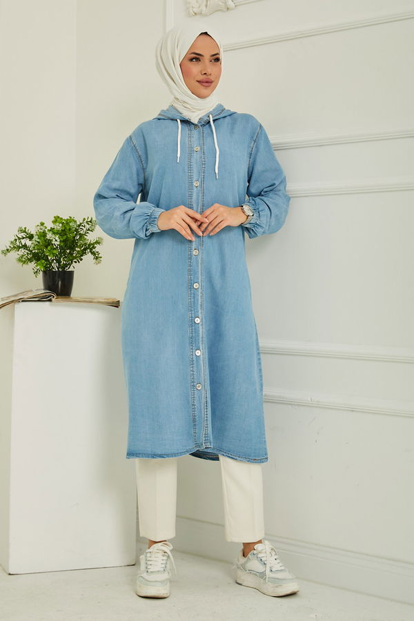 Kapüşonlu Düğmeli Denim Kap Acik Mavi - 26644