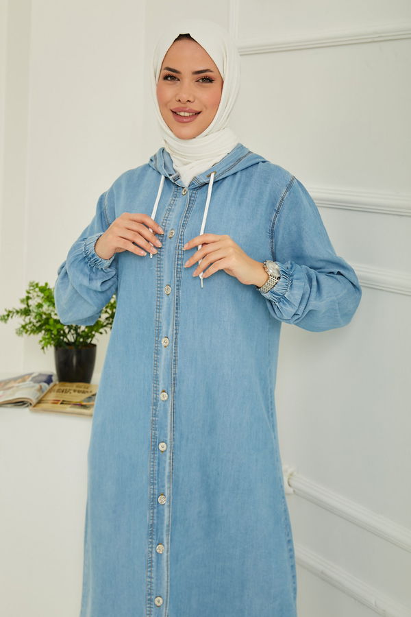 Kapüşonlu Düğmeli Denim Kap Acik Mavi - 26644