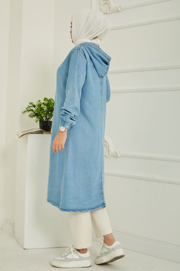 Kapüşonlu Düğmeli Denim Kap Acik Mavi - 26644