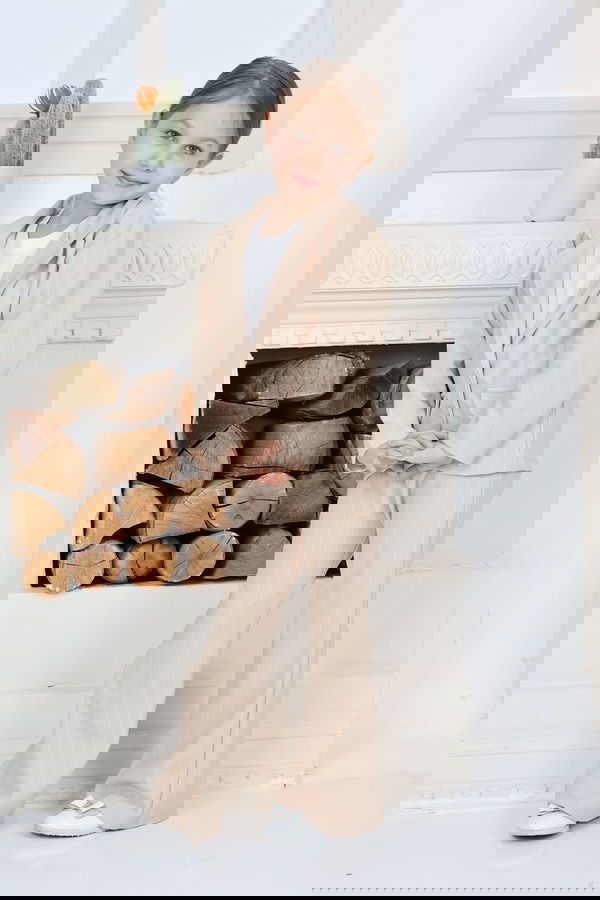 Kız Çocuk Bej Kız Çocuk Kruvaze Yaka Çizgili Cep Detay Ceket ve Salaş Pantolon Üçlü Alt Üst Takım Takım - 26818