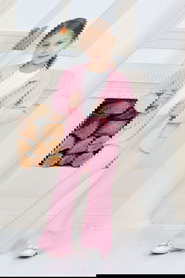 Kız Çocuk Pembe Kız Çocuk Kruvaze Yaka Çizgili Cep Detay Ceket ve Salaş Pantolon Üçlü Alt Üst Takım Takım - 26818