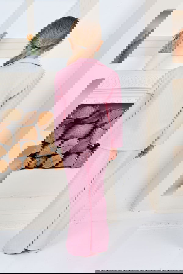 Kız Çocuk Pembe Kız Çocuk Kruvaze Yaka Çizgili Cep Detay Ceket ve Salaş Pantolon Üçlü Alt Üst Takım Takım - 26818