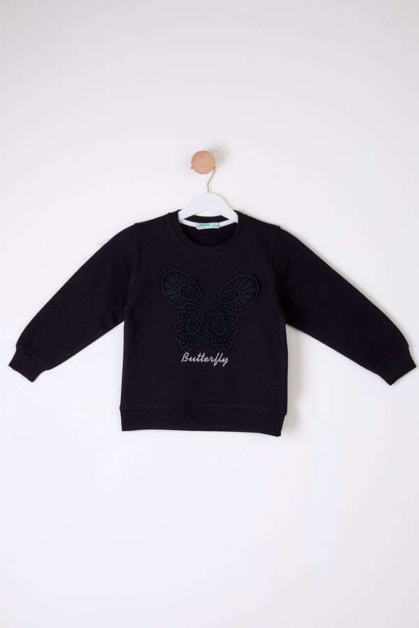 Kız Çocuk Siyah Kelebek Nakışlı Sweatshirt - 26106