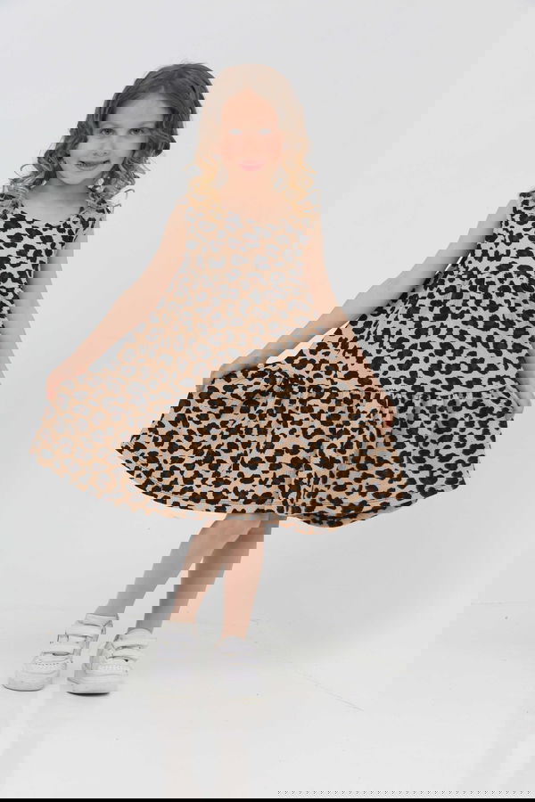 Kız Çocuk Vizon Leopar Desenli Elbise - 27211