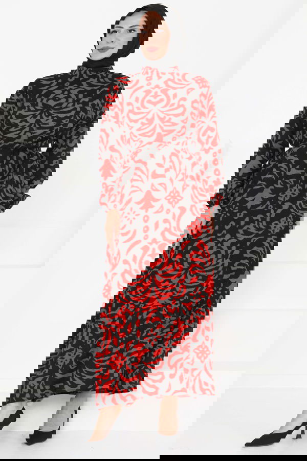 Kuşaklı Desenli Elbise - 27394