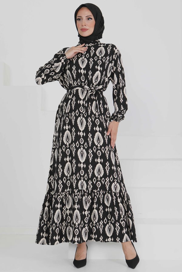 Kuşaklı Desenli Elbise - 27495