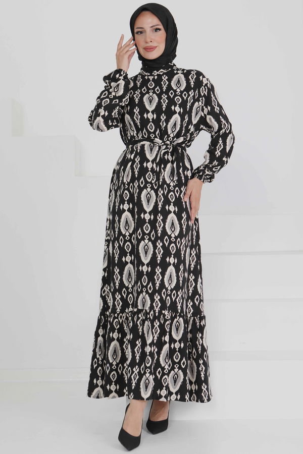 Kuşaklı Desenli Elbise - 27495