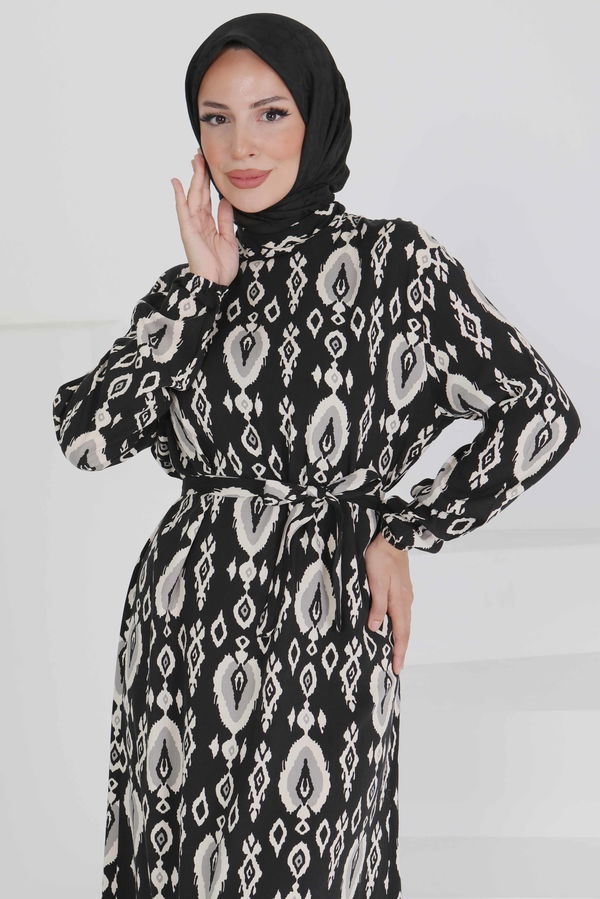 Kuşaklı Desenli Elbise - 27495
