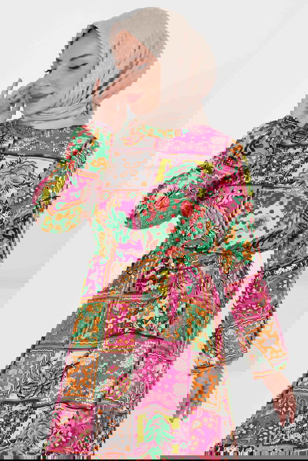 Kuşaklı Desenli Elbise - 27422