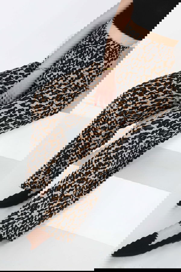 Leopar Desenli Lastikli Pantolon Vizon - 27129