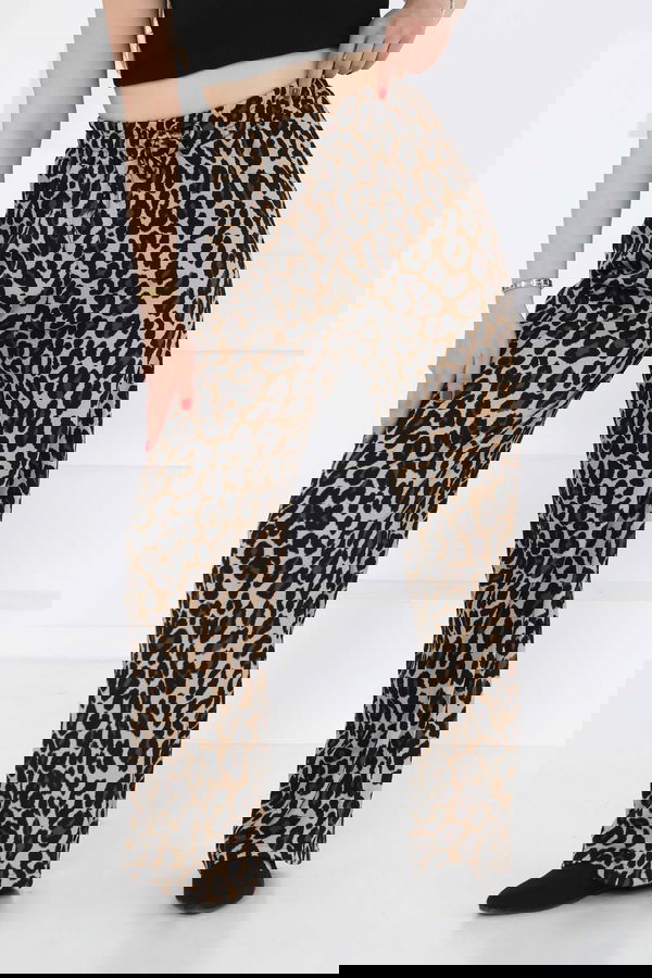 Leopar Desenli Lastikli Pantolon Vizon - 27129