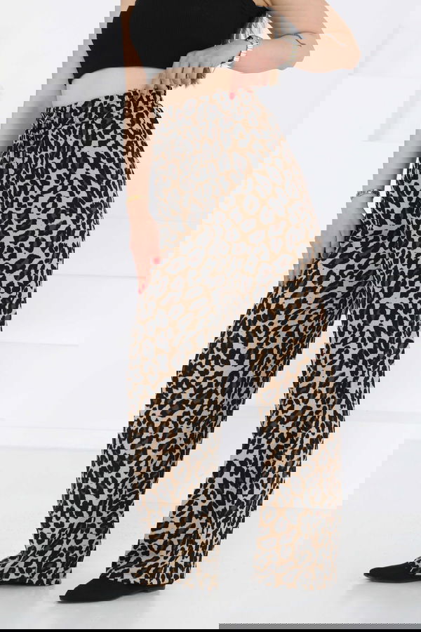 Leopar Desenli Lastikli Pantolon Vizon - 27129