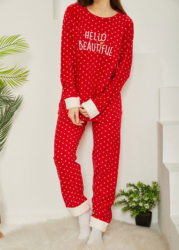 Nakışlı Peluş Polar Pijama Takım Kirmizi - 26782