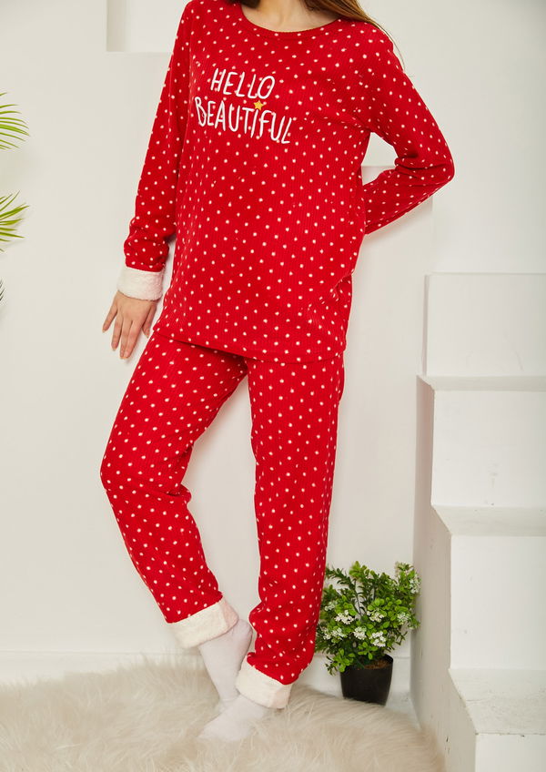 Nakışlı Peluş Polar Pijama Takım Kirmizi - 26782