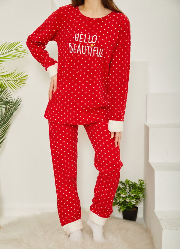 Nakışlı Peluş Polar Pijama Takım Kirmizi - 26782
