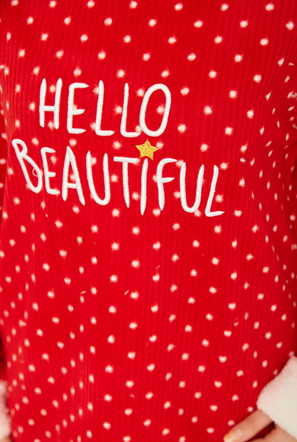Nakışlı Peluş Polar Pijama Takım Kirmizi - 26782
