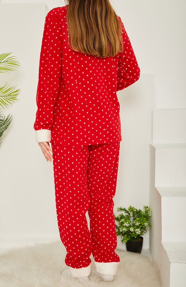 Nakışlı Peluş Polar Pijama Takım Kirmizi - 26782