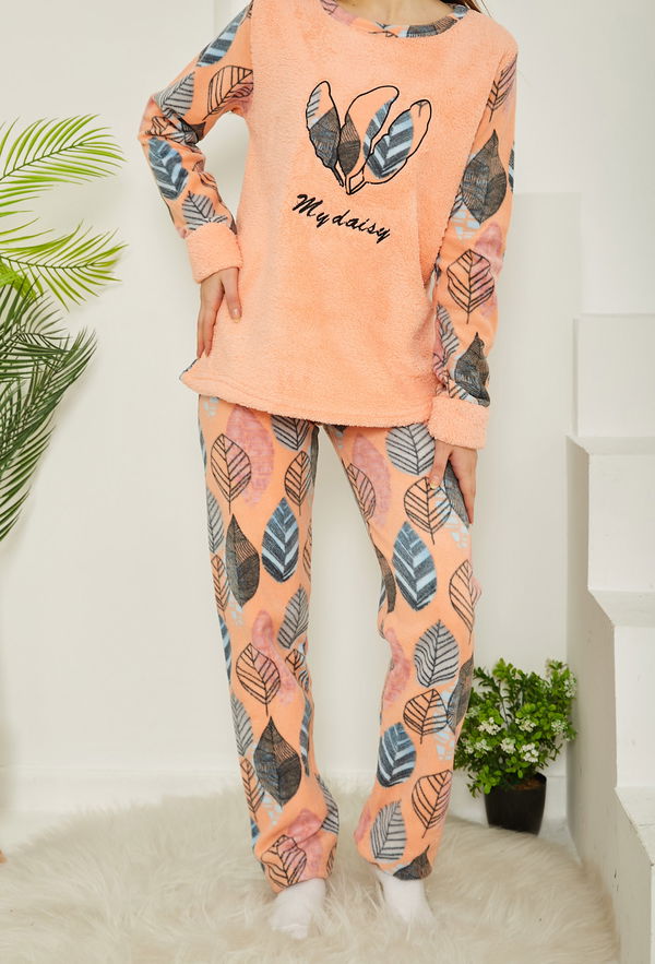 Nakışlı Peluş Polar Pijama Takım Yavruağzi - 26781