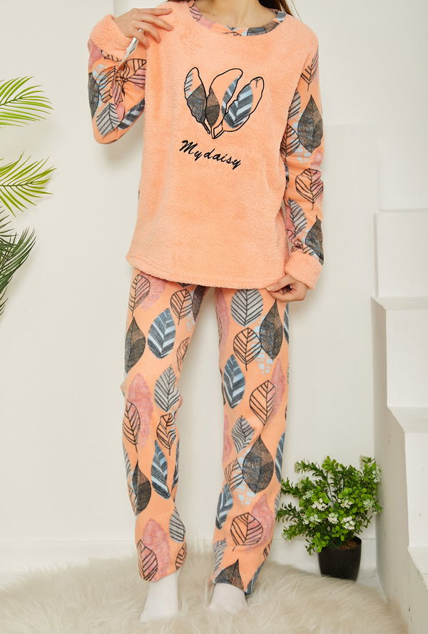 Nakışlı Peluş Polar Pijama Takım Yavruağzi - 26781