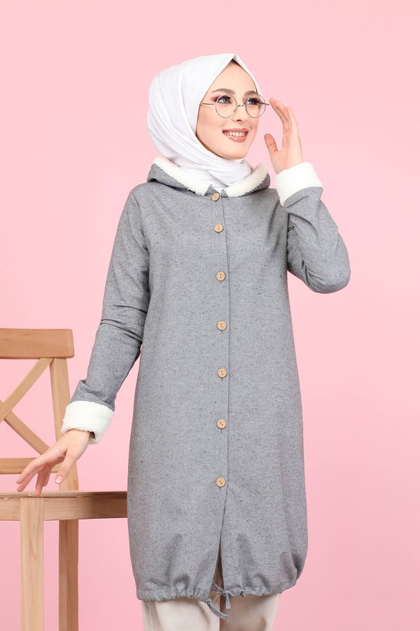 Peluş Detay Tunik Gri - 7983