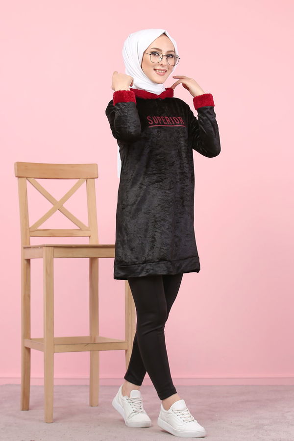 Peluş Detaylı Tunik Siyah - 7996