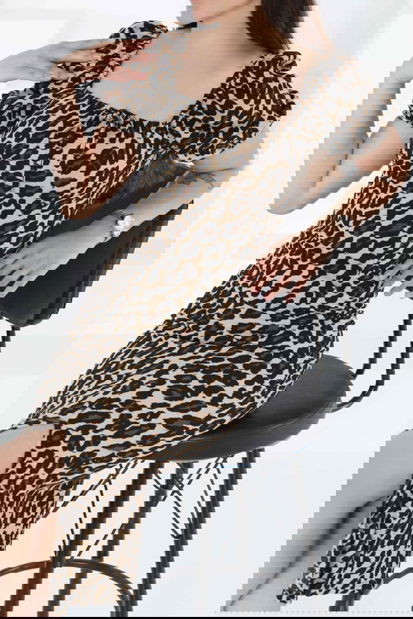 Prenses Kol Yırtmaçlı Leopar Elbise - 27392
