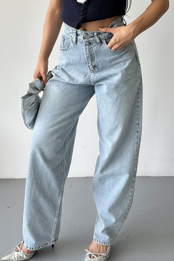 Tokalı Baggy Kot Pantolon Buz Mavi - 27297