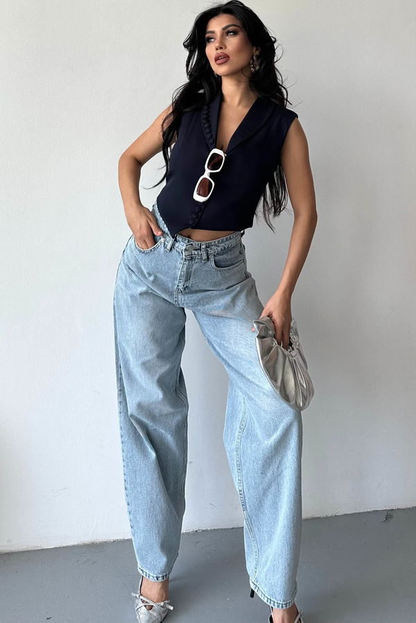 Tokalı Baggy Kot Pantolon Buz Mavi - 27297