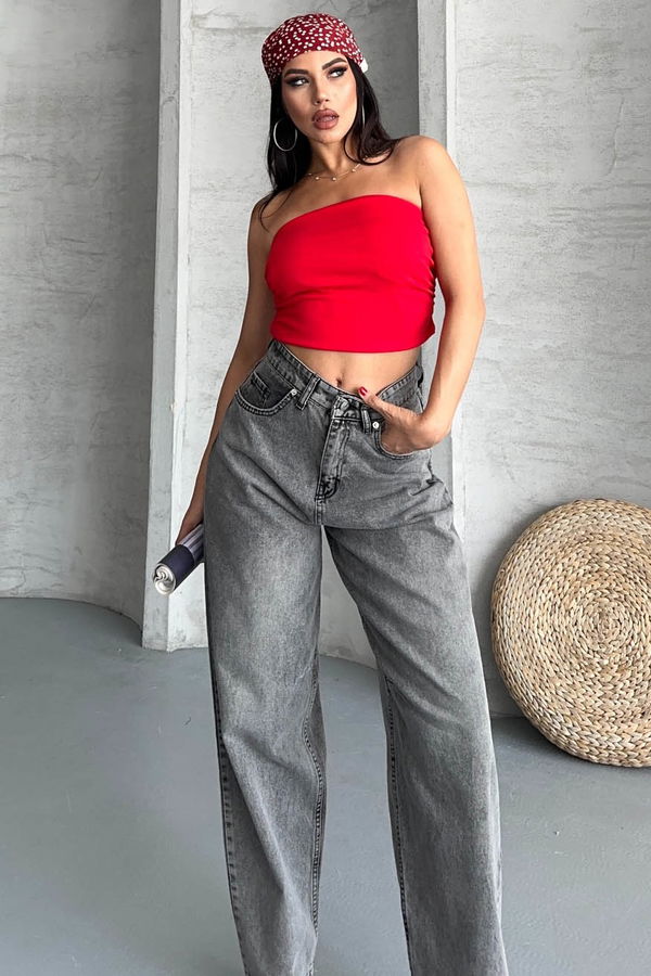 Tokalı Baggy Kot Pantolon Füme - 27297